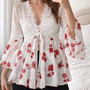 Vintage Sheer White floral Kimono Embroidered Lace Beaded Women M Coquette Fairy